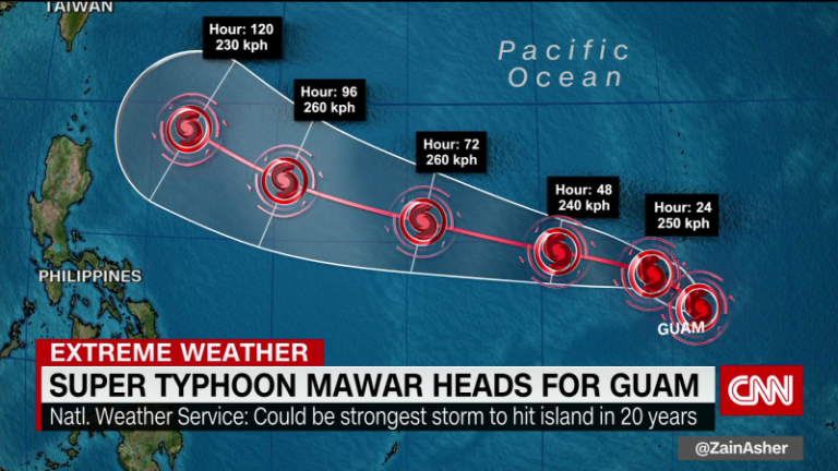 The strongest part of Typhoon Mawar is impacting Guam with heavy rain and damaging winds