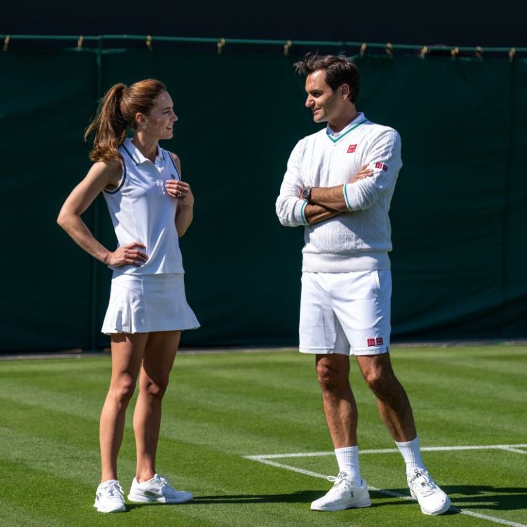Princess of Wales wins point against Roger Federer while playing tennis at Wimbledon