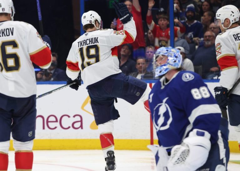Tkachuk nets two goals as Panthers rout Lightning in Game 1